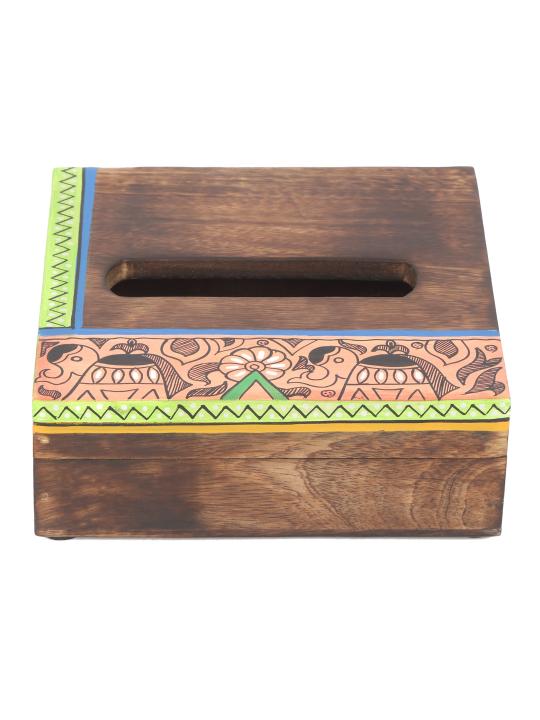 Shilpkara 'Happy Elephant' Handcrafted Madhubani Wooden Napkin Holder for Dining Table & Tissue Paper Holder in Mango Wood