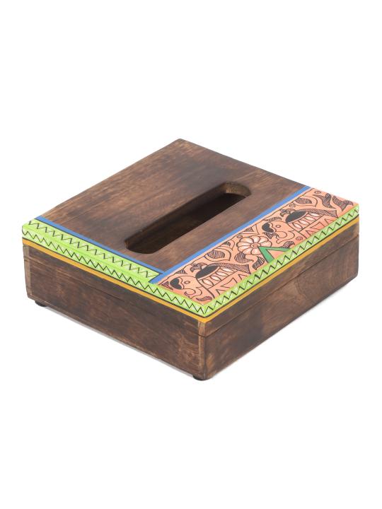 Shilpkara 'Happy Elephant' Handcrafted Madhubani Wooden Napkin Holder for Dining Table & Tissue Paper Holder in Mango Wood