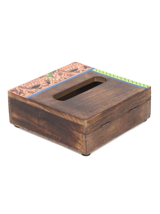 Shilpkara 'Happy Elephant' Handcrafted Madhubani Wooden Napkin Holder for Dining Table & Tissue Paper Holder in Mango Wood