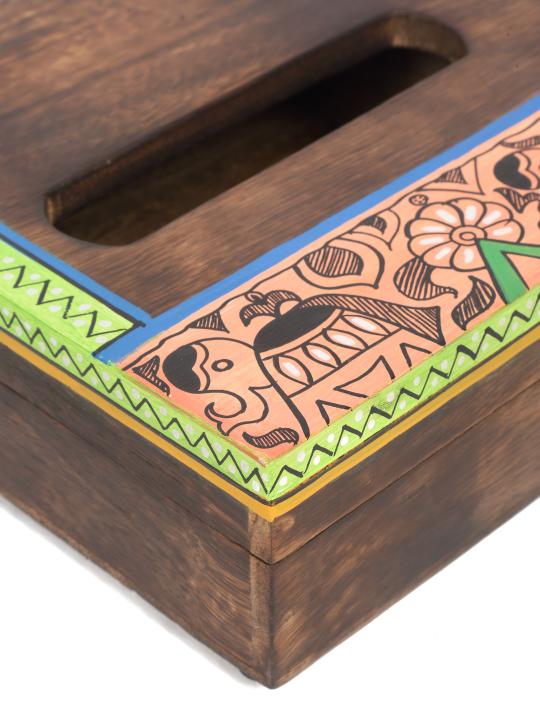 Shilpkara 'Happy Elephant' Handcrafted Madhubani Wooden Napkin Holder for Dining Table & Tissue Paper Holder in Mango Wood