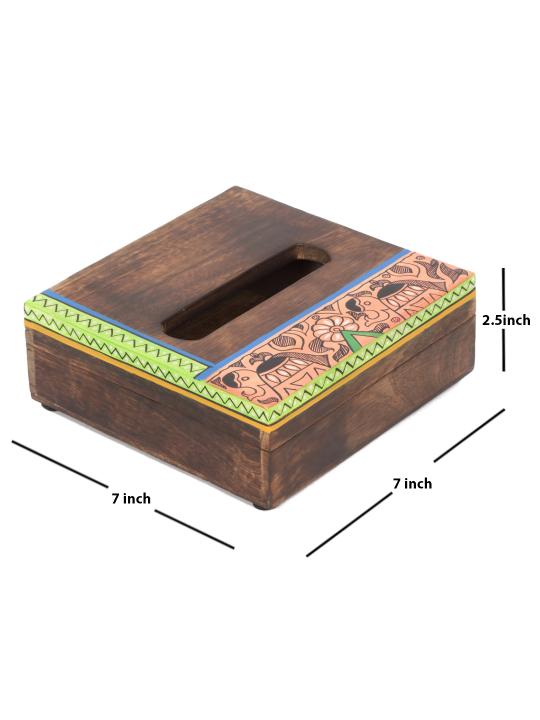 Shilpkara 'Happy Elephant' Handcrafted Madhubani Wooden Napkin Holder for Dining Table & Tissue Paper Holder in Mango Wood
