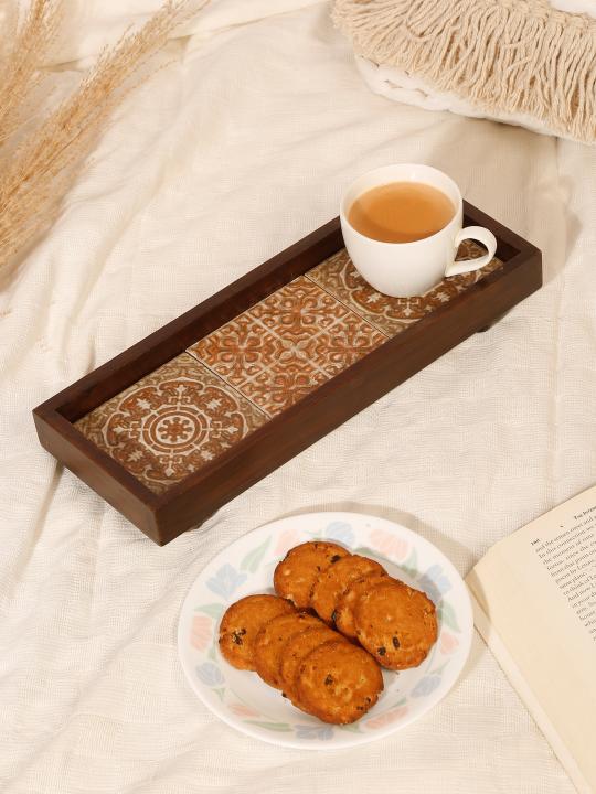 Shilpkara 'Mughal Imprints' Handcrafted Kitchen Decorative Table Top Breakfast Coffee Tea Trays Serving Trays for Snacks Decorative Wooden Tray with Ceramic Tile