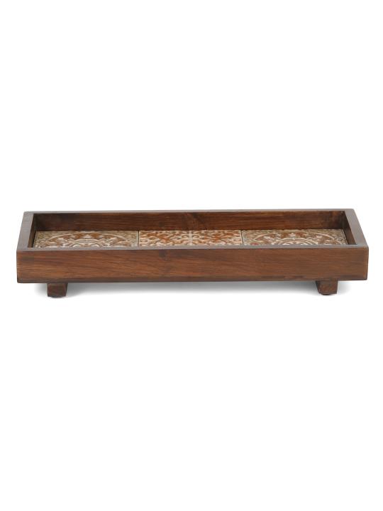 Shilpkara 'Mughal Imprints' Handcrafted Kitchen Decorative Table Top Breakfast Coffee Tea Trays Serving Trays for Snacks Decorative Wooden Tray with Ceramic Tile
