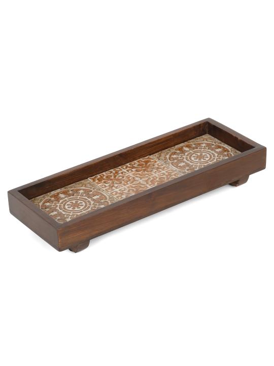 Shilpkara 'Mughal Imprints' Handcrafted Kitchen Decorative Table Top Breakfast Coffee Tea Trays Serving Trays for Snacks Decorative Wooden Tray with Ceramic Tile