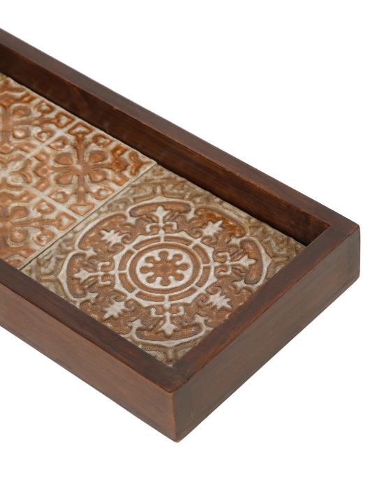 Shilpkara 'Mughal Imprints' Handcrafted Kitchen Decorative Table Top Breakfast Coffee Tea Trays Serving Trays for Snacks Decorative Wooden Tray with Ceramic Tile
