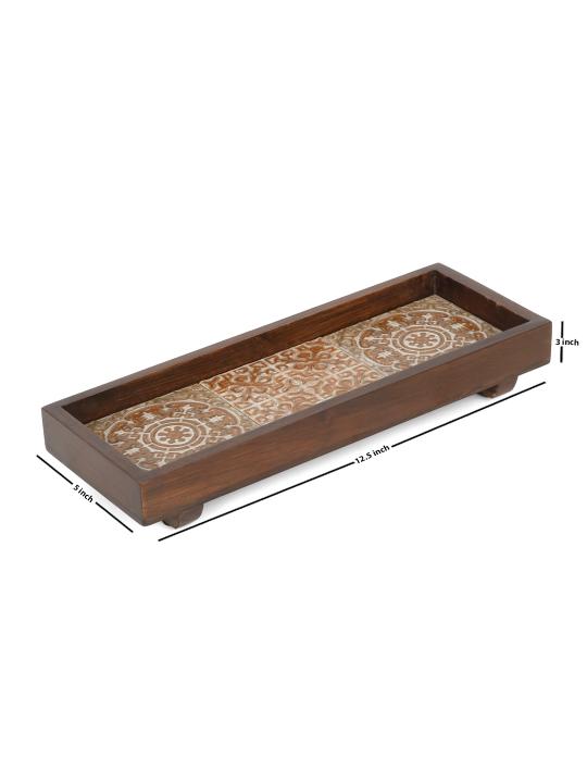 Shilpkara 'Mughal Imprints' Handcrafted Kitchen Decorative Table Top Breakfast Coffee Tea Trays Serving Trays for Snacks Decorative Wooden Tray with Ceramic Tile