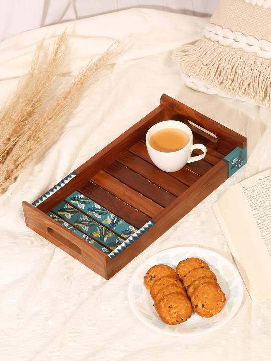 Shilpkara 'Shades of Leaf' Handcrafted Wooden Tray for Serving Tray for Breakfast Tray for Dining Table in Sheesham Wood