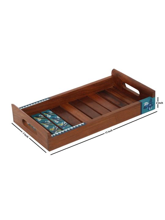 Shilpkara 'Shades of Leaf' Handcrafted Wooden Tray for Serving Tray for Breakfast Tray for Dining Table in Sheesham Wood