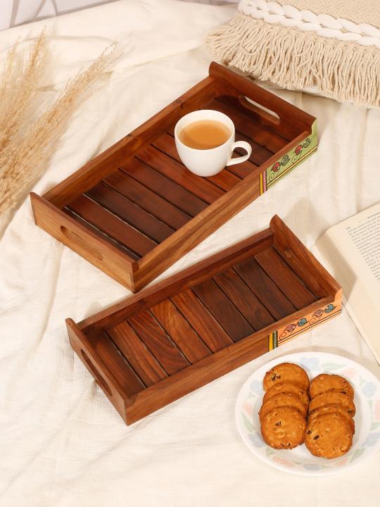 Shilpkara 'Shades of a Leaf' Madhubani Handpainted Rose Wooden Nested Trays for Serving Tray for Breakfast Tray for Dining Table (Set of 2)