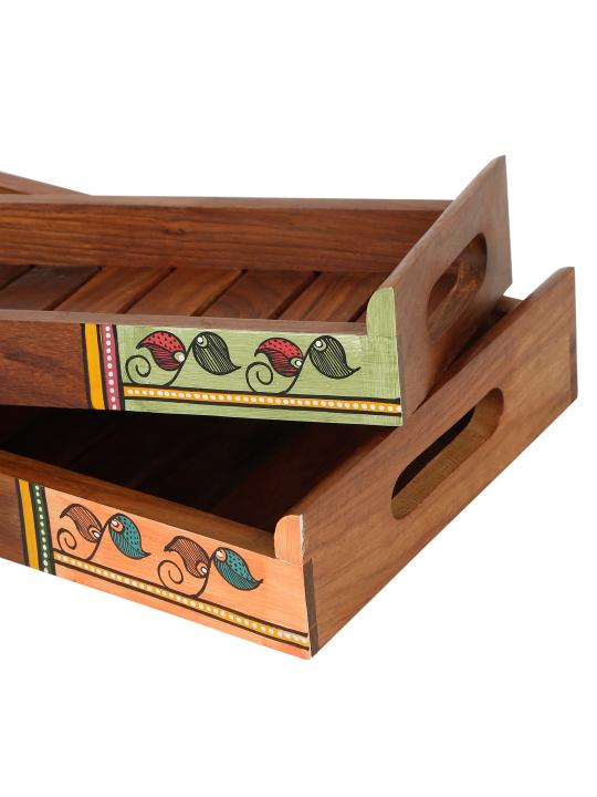 Shilpkara 'Shades of a Leaf' Madhubani Handpainted Rose Wooden Nested Trays for Serving Tray for Breakfast Tray for Dining Table (Set of 2)