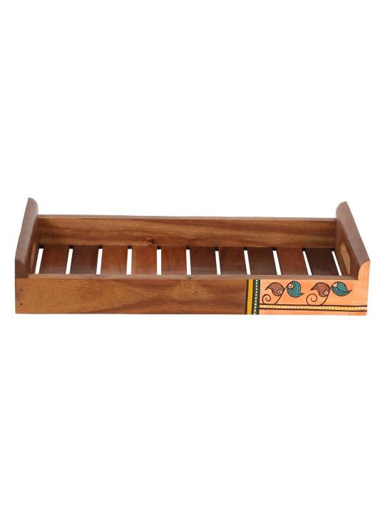 Shilpkara 'Shades of a Leaf' Madhubani Handpainted Rose Wooden Nested Trays for Serving Tray for Breakfast Tray for Dining Table (Set of 2)