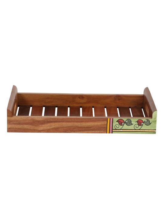 Shilpkara 'Shades of a Leaf' Madhubani Handpainted Rose Wooden Nested Trays for Serving Tray for Breakfast Tray for Dining Table (Set of 2)