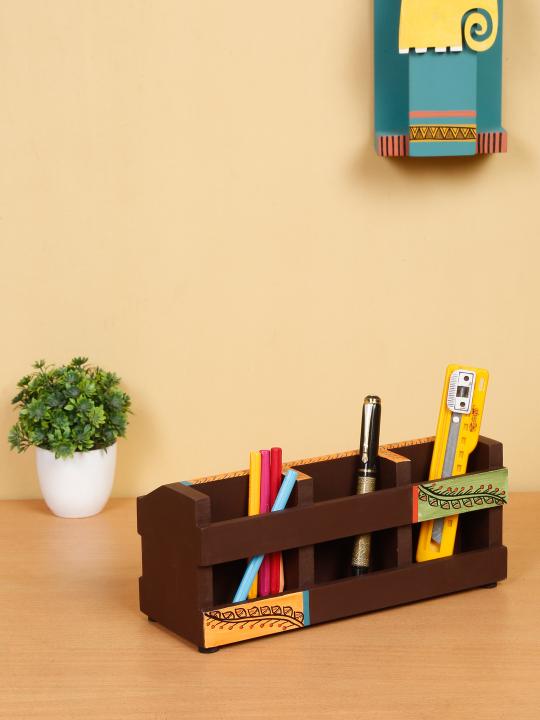 Shilpkara 'Shades of Leaf' Decor Office Home Decorative Multipurpose Cutlery Holder and Study Table Stylish Wooden Pen Stand (5 Partitions)