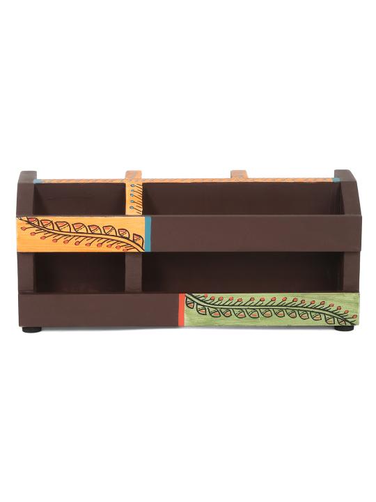 Shilpkara 'Shades of Leaf' Decor Office Home Decorative Multipurpose Cutlery Holder and Study Table Stylish Wooden Pen Stand (5 Partitions)