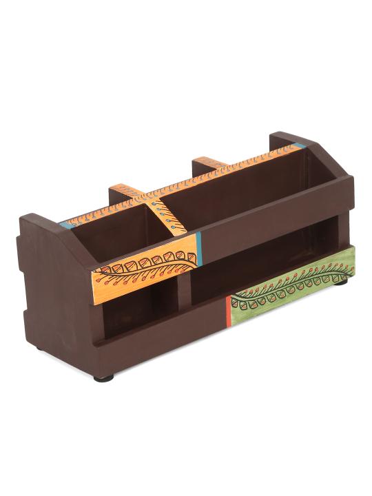 Shilpkara 'Shades of Leaf' Decor Office Home Decorative Multipurpose Cutlery Holder and Study Table Stylish Wooden Pen Stand (5 Partitions)