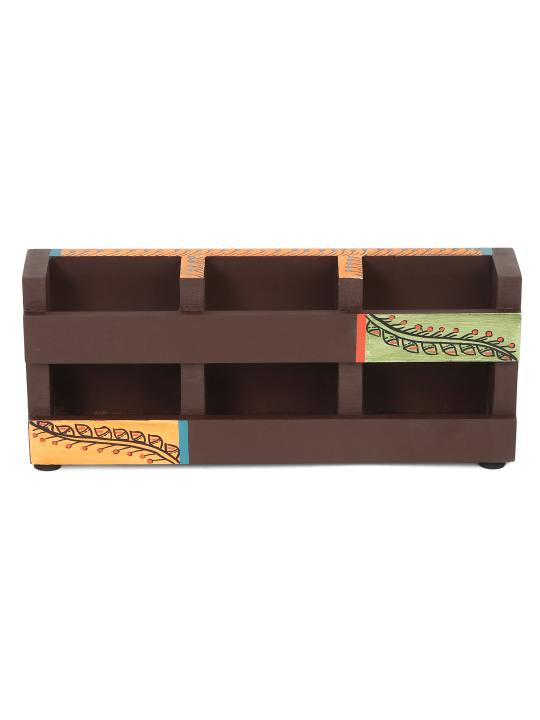 Shilpkara 'Shades of Leaf' Decor Office Home Decorative Multipurpose Cutlery Holder and Study Table Stylish Wooden Pen Stand (5 Partitions)