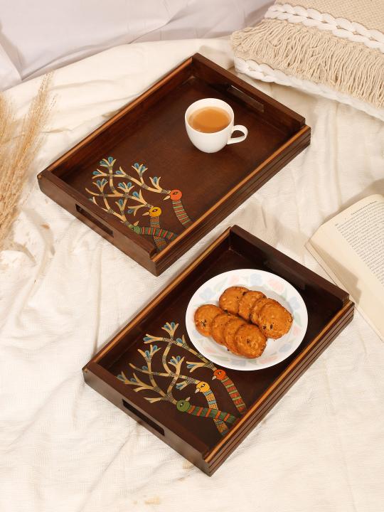 Shilpkara 'Chirping Birds' Madhubani Handpainted Wooden Nested Trays for Serving Tray for Breakfast Tray for Dining Table (Set of 2)