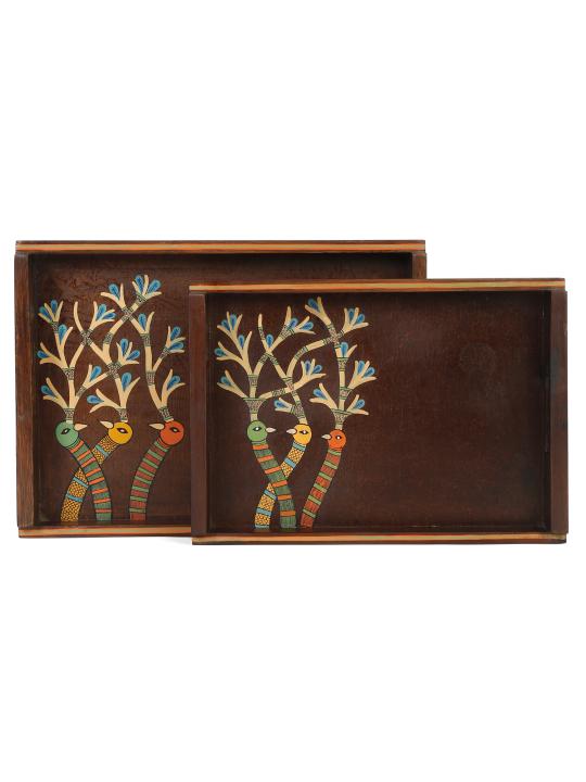 Shilpkara 'Chirping Birds' Madhubani Handpainted Wooden Nested Trays for Serving Tray for Breakfast Tray for Dining Table (Set of 2)