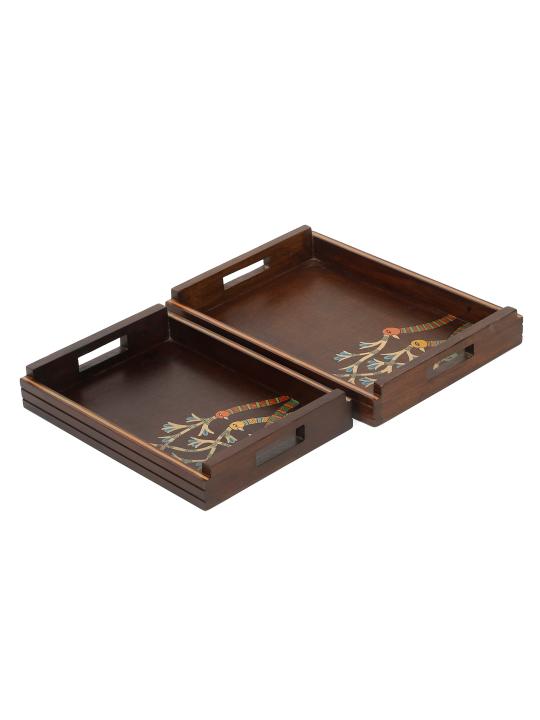 Shilpkara 'Chirping Birds' Madhubani Handpainted Wooden Nested Trays for Serving Tray for Breakfast Tray for Dining Table (Set of 2)