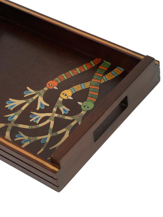 Shilpkara 'Chirping Birds' Madhubani Handpainted Wooden Nested Trays for Serving Tray for Breakfast Tray for Dining Table (Set of 2)