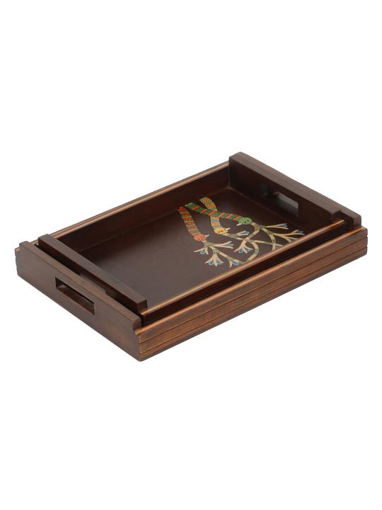 Shilpkara 'Chirping Birds' Madhubani Handpainted Wooden Nested Trays for Serving Tray for Breakfast Tray for Dining Table (Set of 2)