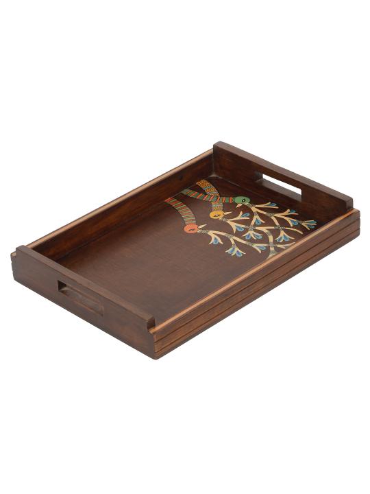 Shilpkara 'Chirping Birds' Madhubani Handpainted Wooden Nested Trays for Serving Tray for Breakfast Tray for Dining Table (Set of 2)