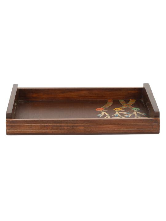 Shilpkara 'Chirping Birds' Madhubani Handpainted Wooden Nested Trays for Serving Tray for Breakfast Tray for Dining Table (Set of 2)
