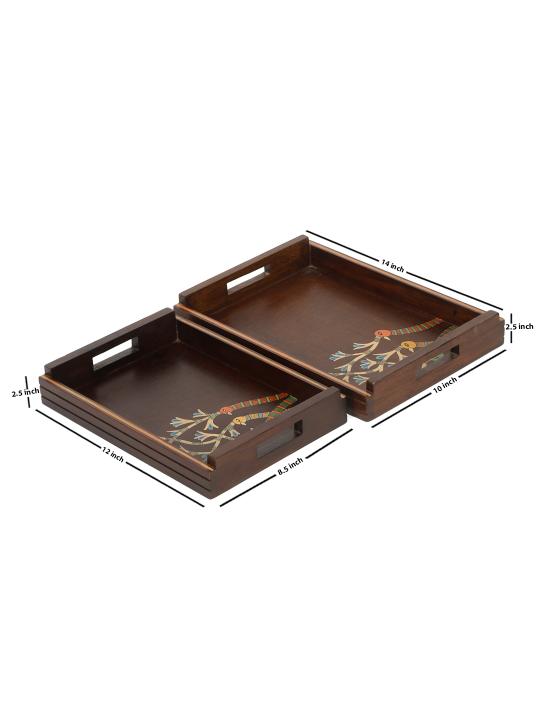 Shilpkara 'Chirping Birds' Madhubani Handpainted Wooden Nested Trays for Serving Tray for Breakfast Tray for Dining Table (Set of 2)