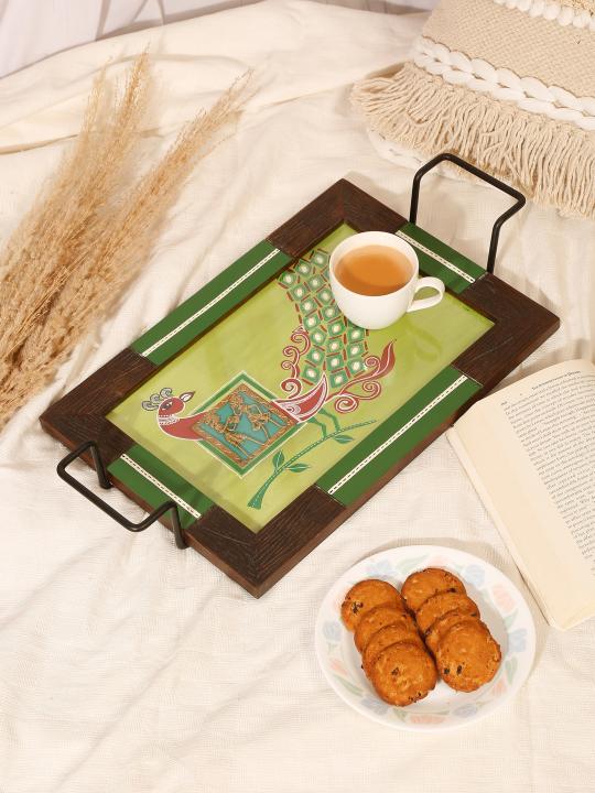 Shilpkara 'Madhubani Peacock' Dhokra Handpainted Kitchen Decorative Table Top Breakfast Coffee Tea Trays Serving Trays for Snacks Decorative Wooden Tray with Metal Handles