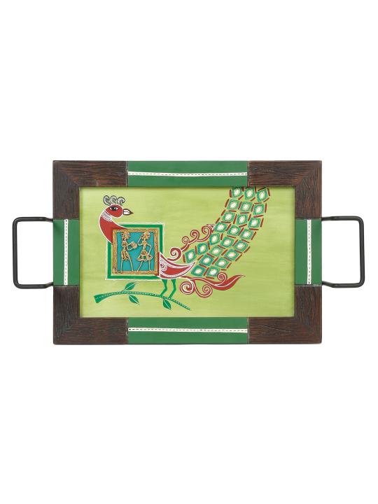 Shilpkara 'Madhubani Peacock' Dhokra Handpainted Kitchen Decorative Table Top Breakfast Coffee Tea Trays Serving Trays for Snacks Decorative Wooden Tray with Metal Handles