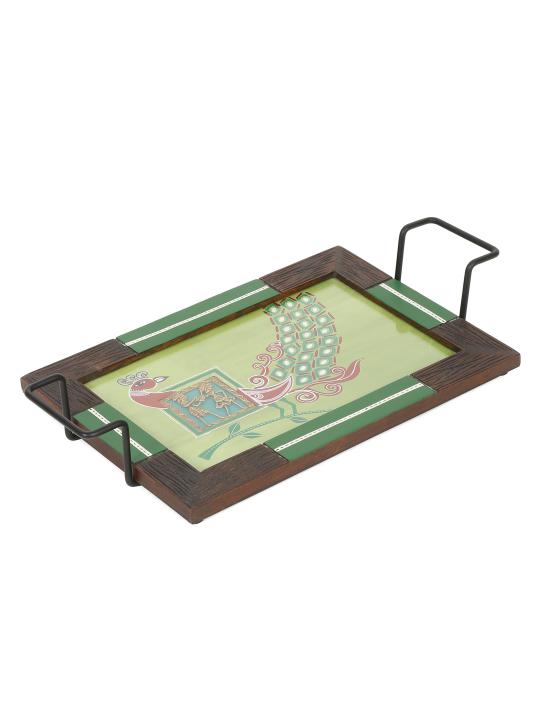 Shilpkara 'Madhubani Peacock' Dhokra Handpainted Kitchen Decorative Table Top Breakfast Coffee Tea Trays Serving Trays for Snacks Decorative Wooden Tray with Metal Handles