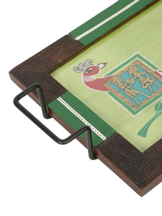 Shilpkara 'Madhubani Peacock' Dhokra Handpainted Kitchen Decorative Table Top Breakfast Coffee Tea Trays Serving Trays for Snacks Decorative Wooden Tray with Metal Handles