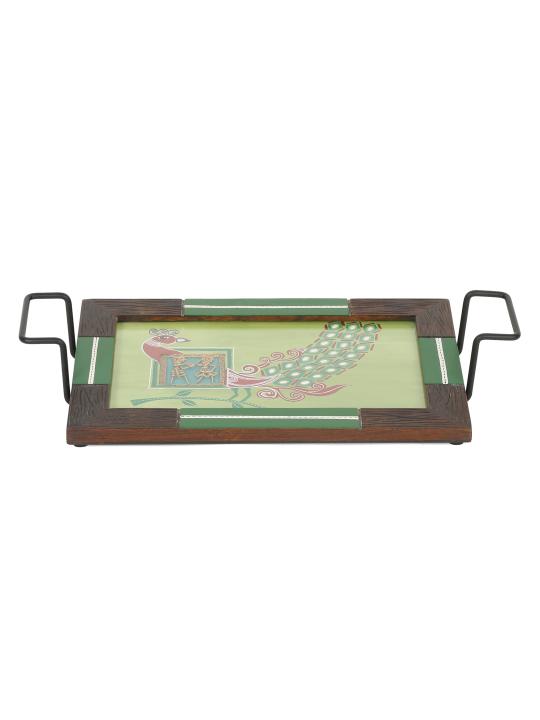 Shilpkara 'Madhubani Peacock' Dhokra Handpainted Kitchen Decorative Table Top Breakfast Coffee Tea Trays Serving Trays for Snacks Decorative Wooden Tray with Metal Handles