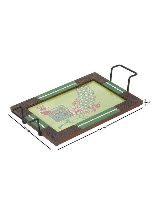 Shilpkara 'Madhubani Peacock' Dhokra Handpainted Kitchen Decorative Table Top Breakfast Coffee Tea Trays Serving Trays for Snacks Decorative Wooden Tray with Metal Handles