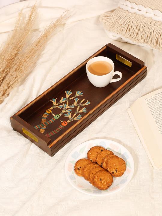 Shilpkara 'Chirping Birds' Handcrafted Wooden Tray for Serving Tray for Breakfast Wooden Tray for Dining Table