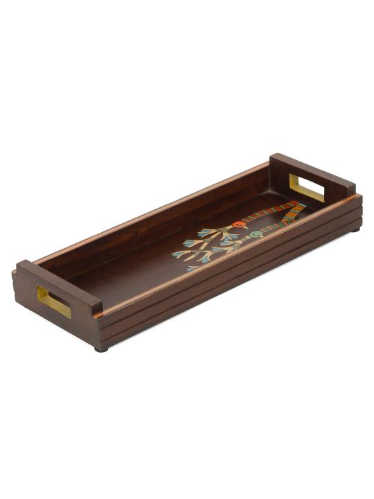 Shilpkara 'Chirping Birds' Handcrafted Wooden Tray for Serving Tray for Breakfast Wooden Tray for Dining Table