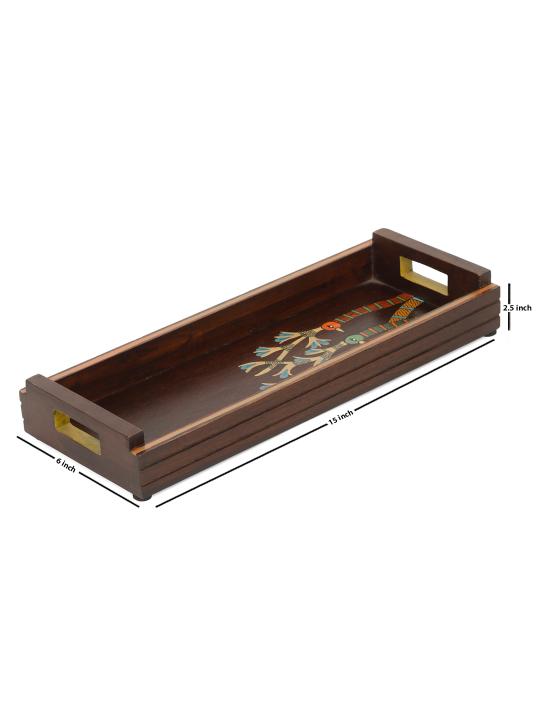 Shilpkara 'Chirping Birds' Handcrafted Wooden Tray for Serving Tray for Breakfast Wooden Tray for Dining Table