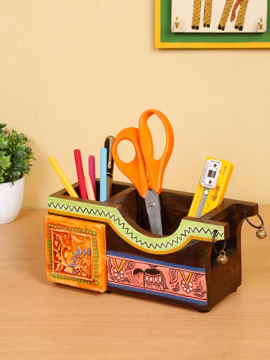 Shilpkara 'Tribal Elephant' Decor Office Home Decorative Multipurpose Cutlery Holder and Study Table Stylish Wooden Pen Stand with Resin Tile (2 Partitions)