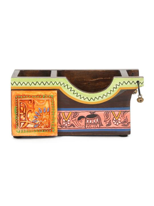 Shilpkara 'Tribal Elephant' Decor Office Home Decorative Multipurpose Cutlery Holder and Study Table Stylish Wooden Pen Stand with Resin Tile (2 Partitions)