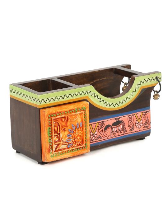 Shilpkara 'Tribal Elephant' Decor Office Home Decorative Multipurpose Cutlery Holder and Study Table Stylish Wooden Pen Stand with Resin Tile (2 Partitions)