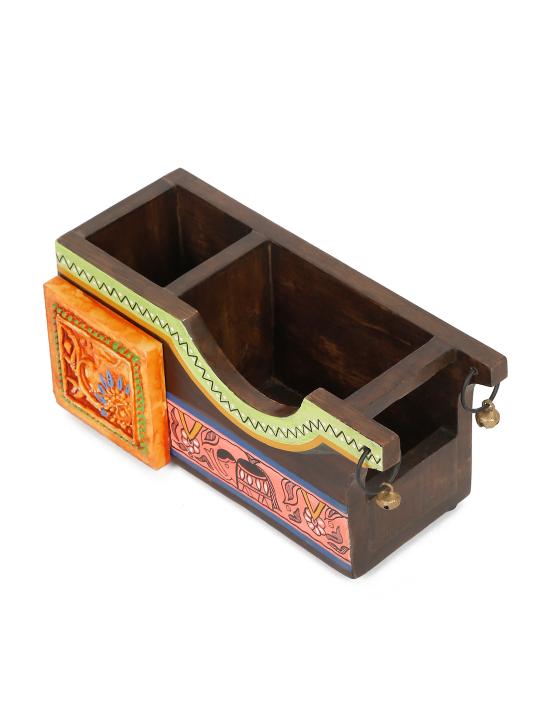 Shilpkara 'Tribal Elephant' Decor Office Home Decorative Multipurpose Cutlery Holder and Study Table Stylish Wooden Pen Stand with Resin Tile (2 Partitions)