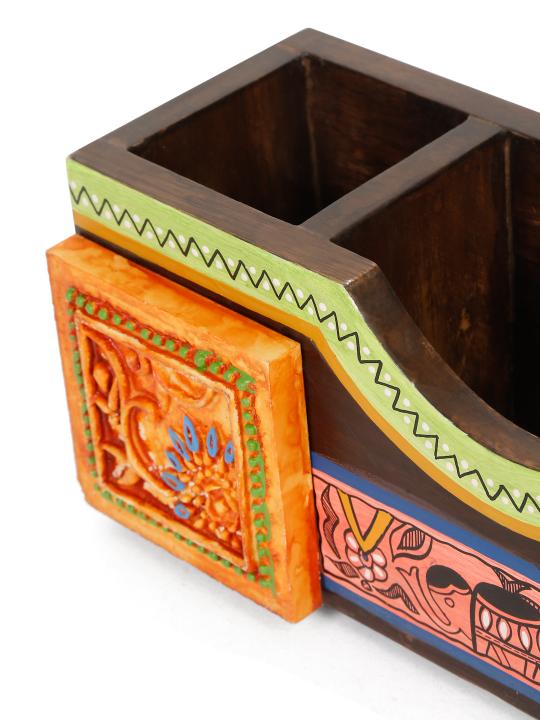 Shilpkara 'Tribal Elephant' Decor Office Home Decorative Multipurpose Cutlery Holder and Study Table Stylish Wooden Pen Stand with Resin Tile (2 Partitions)