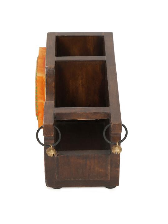 Shilpkara 'Tribal Elephant' Decor Office Home Decorative Multipurpose Cutlery Holder and Study Table Stylish Wooden Pen Stand with Resin Tile (2 Partitions)