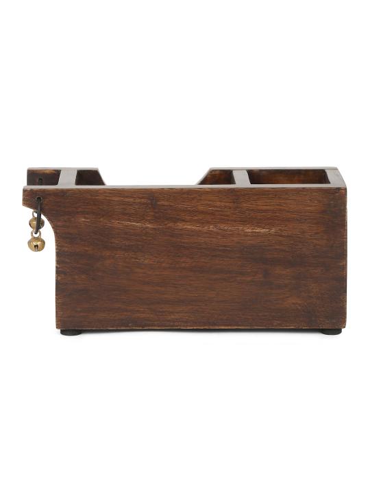 Shilpkara 'Tribal Elephant' Decor Office Home Decorative Multipurpose Cutlery Holder and Study Table Stylish Wooden Pen Stand with Resin Tile (2 Partitions)
