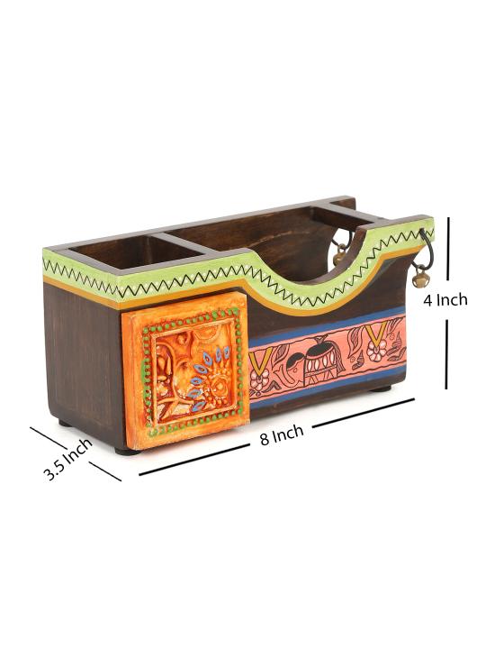 Shilpkara 'Tribal Elephant' Decor Office Home Decorative Multipurpose Cutlery Holder and Study Table Stylish Wooden Pen Stand with Resin Tile (2 Partitions)