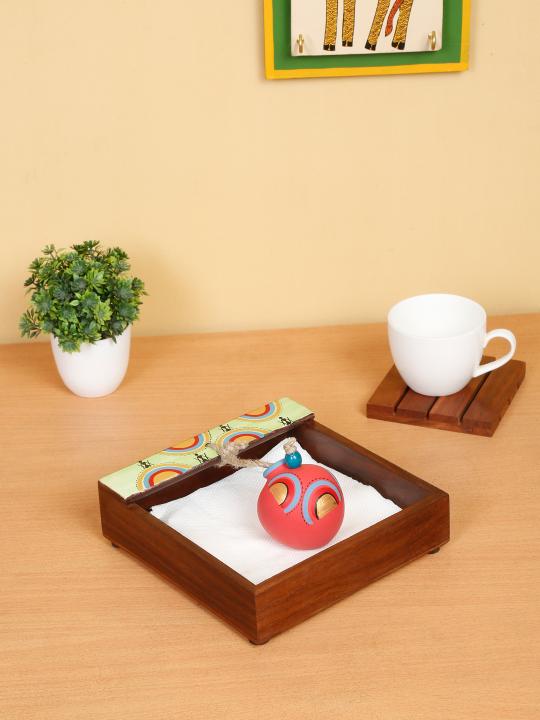 Shilpkara 'Tribal Pot' Wooden Tissue Paper Holder for Table Kitchen Napkin Stand & Napkin Holders for Dining Table with Terracotta Pot Paperweight