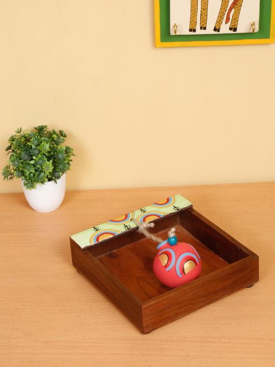 Shilpkara 'Tribal Pot' Wooden Tissue Paper Holder for Table Kitchen Napkin Stand & Napkin Holders for Dining Table with Terracotta Pot Paperweight
