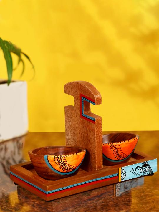Shilpkara 'Wooden Heirloom' Serving Bowls with Tray in Sheesham Wood (Set of 2, Dark Brown)