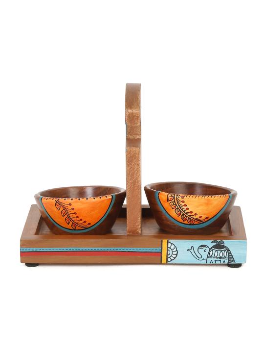 Shilpkara 'Wooden Heirloom' Serving Bowls with Tray in Sheesham Wood (Set of 2, Dark Brown)