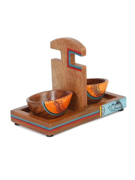 Shilpkara 'Wooden Heirloom' Serving Bowls with Tray in Sheesham Wood (Set of 2, Dark Brown)
